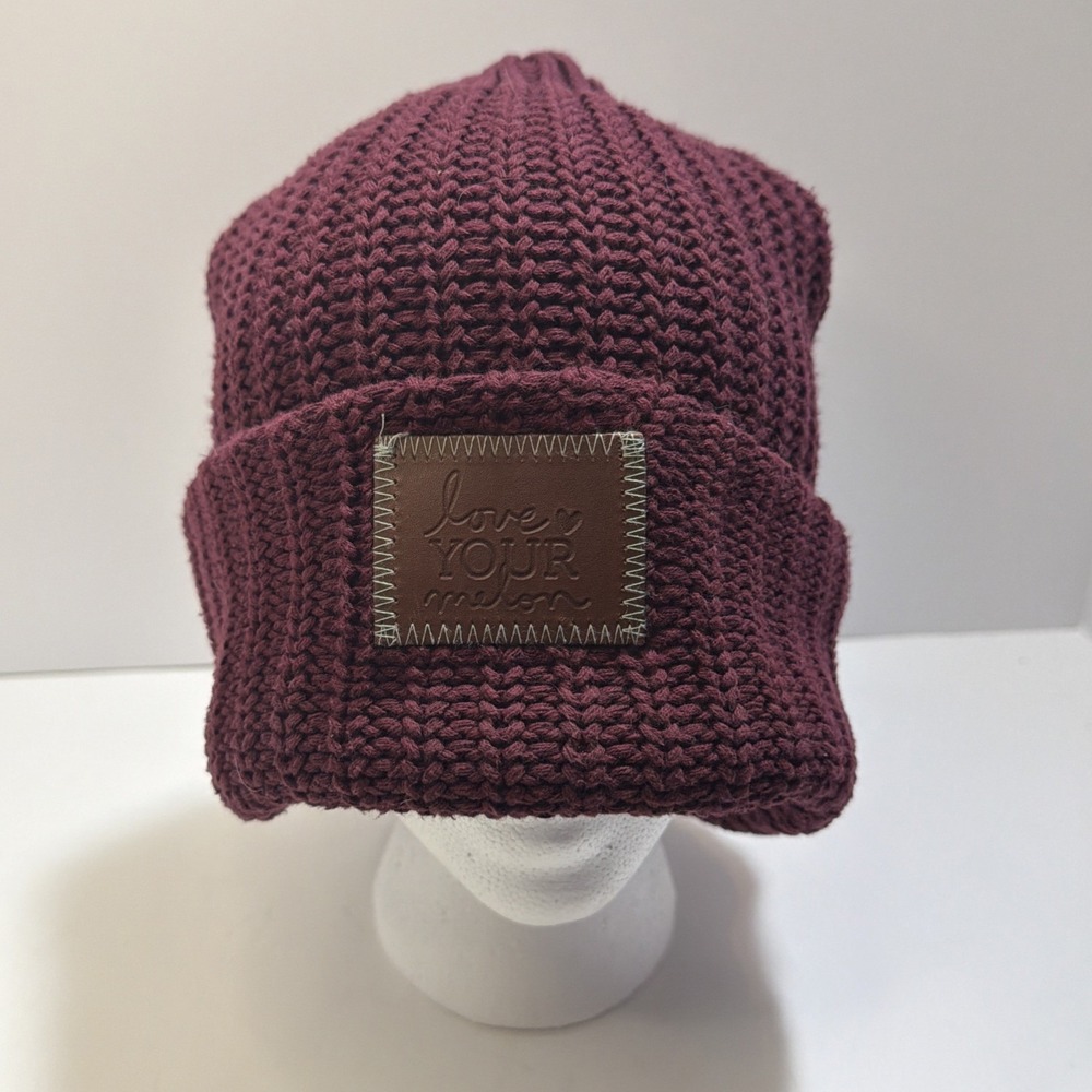 Love Your Melon Knit Hat with Patch Burgandy One Size